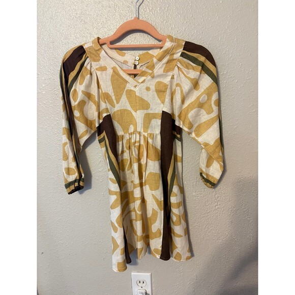 Zara V-neck Yellow/brown print3/4 Sleeve Linen Blend Dress NWT  Size 7 - Picture 2 of 6